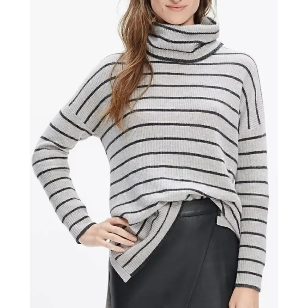 Madewell Turtleneck Sweater Womens S Merino Alpaca Blend Tan Black Stripe